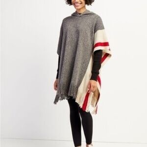 Roots Cabin Canada Gray Hooded Poncho with Red and White Stripes